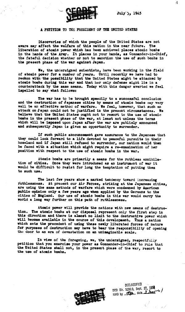 Szilard Petition, First Version, July 3, 1945