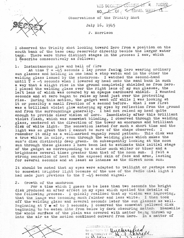 Trinity Test, July 16, 1945, Eyewitness Accounts - Philip Morrison, page 1