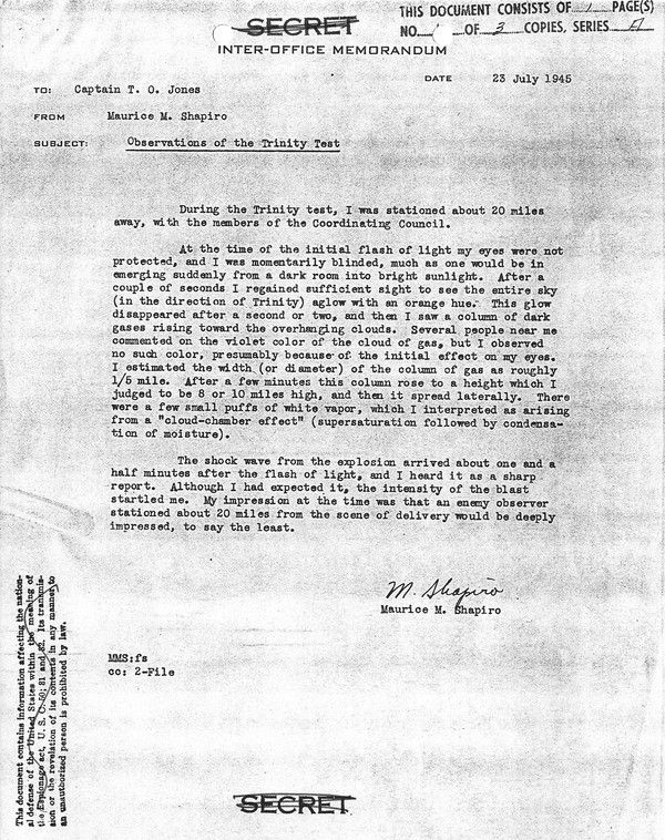 Trinity Test, July 16, 1945, Eyewitness Account - Maurice M. Shapiro