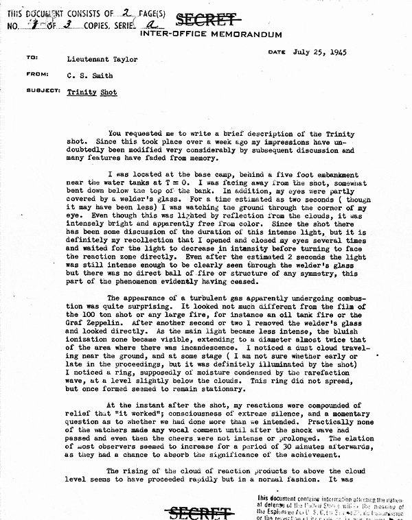 Trinity Test, July 16, 1945, Eyewitness Accounts - Cyril Smith, page 1