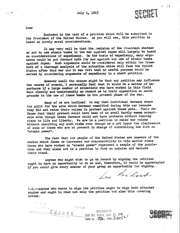 Szilard petition, cover letter, July 4, 1945