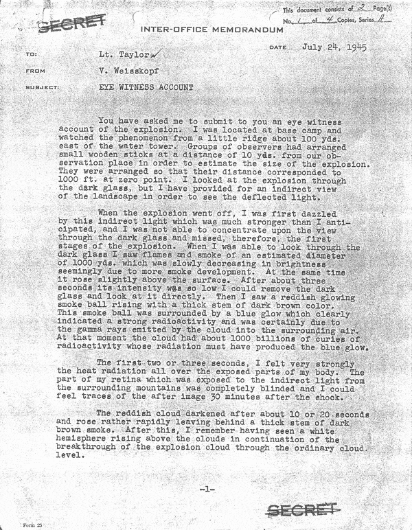 Trinity Test, July 16, 1945, Eyewitness Accounts - Victor Weisskopf, page 1