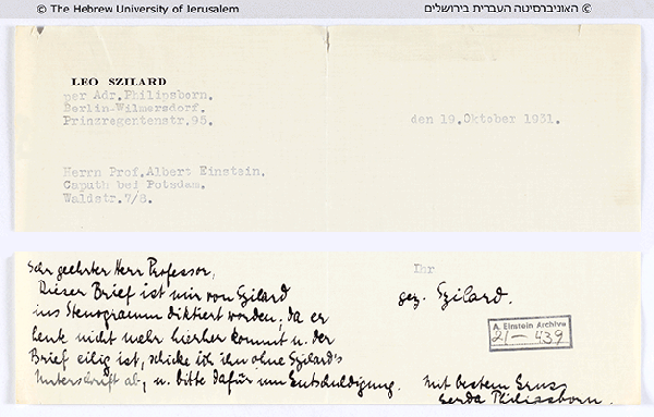 Gerda Philipsborn added a
postscript to Leo Szilard’s letter to Einstein, Albert Einstein
Archives.